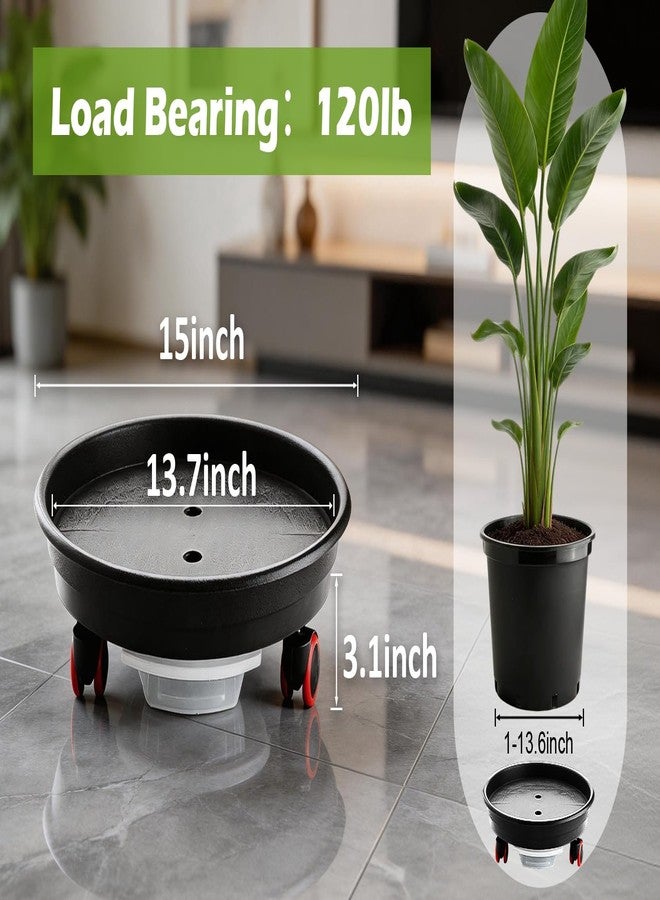 RooTrimmer 2 Pack Plant Caddy with Wheels, 15 Inch Round Plant Stand for Heavy Duty Planters, Large Durable Plastic Plant Dolly with Drainage Holes and Saucer - Image 2