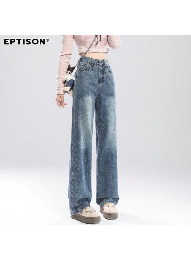 EPTISON Yipintiancheng High-waisted Jeans For Women, Autumn Vintage Casual Versatile Slimming Loose Straight-leg Floor-length Wide-leg Pants For Wome - Image 1