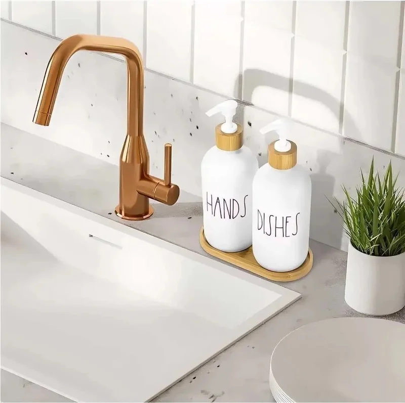 Safestore 2-Piece White Kitchen Liquid Soap Dispenser Set 500 ml + 500 ml Bamboo Tray