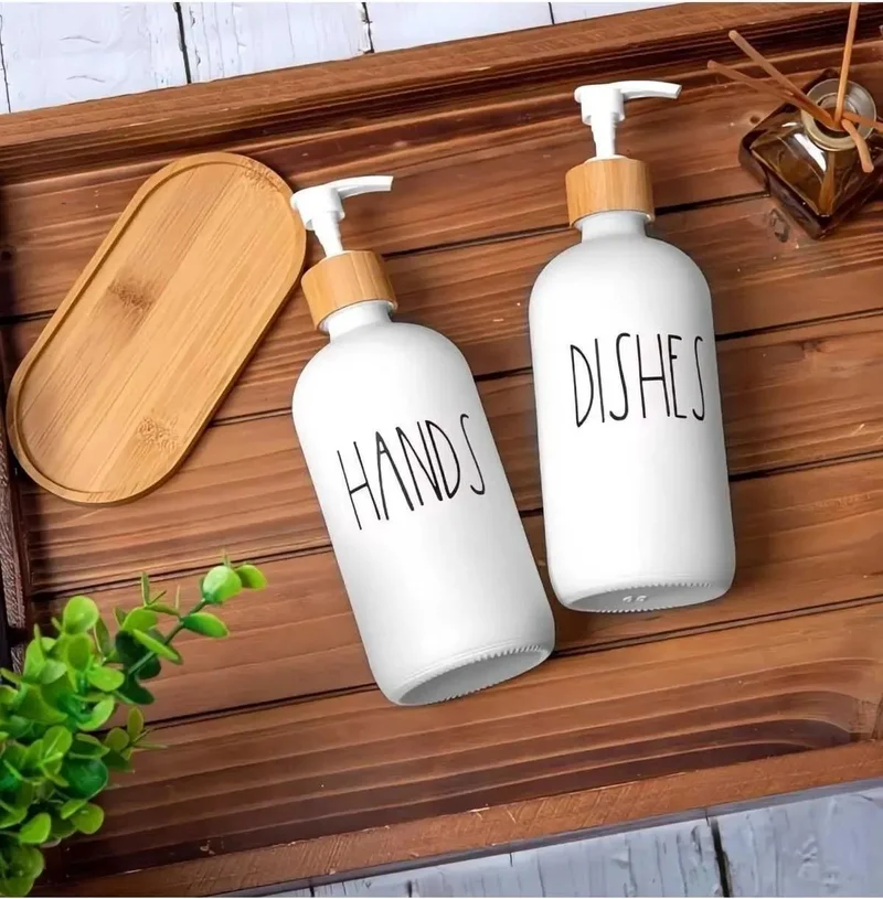 Safestore 2-Piece White Kitchen Liquid Soap Dispenser Set 500 ml + 500 ml Bamboo Tray