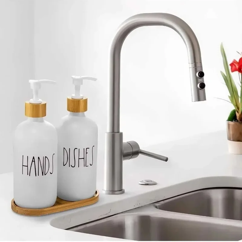 Safestore 2-Piece White Kitchen Liquid Soap Dispenser Set 500 ml + 500 ml Bamboo Tray