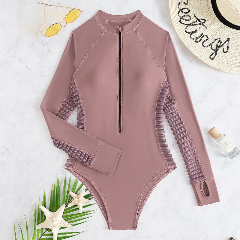 New European and American Cross-Border Sexy One-Piece Long-Sleeved Zipper Women's Swimsuit Black Slimming Hot Spring Casual Vacation Swimsuit - Image 1