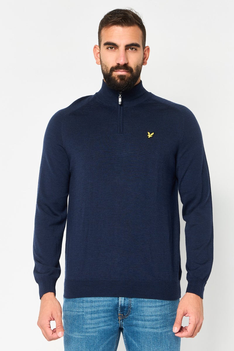 Lyle & Scott Men High Neck Embroidered Logo Sweater, Navy - Image 1