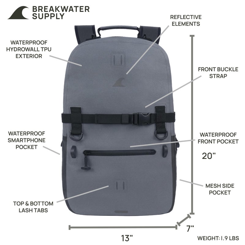 Breakwater Supply™ Waterproof Backpack with 16-inch Laptop and Phone Pockets for Travel, Work, Outdoors, Fishing, Boating, Hiking, Explorer 25L, Unisex + Floating, Non-Rolltop, Dry Bag (Cascade Gray) - Image 5