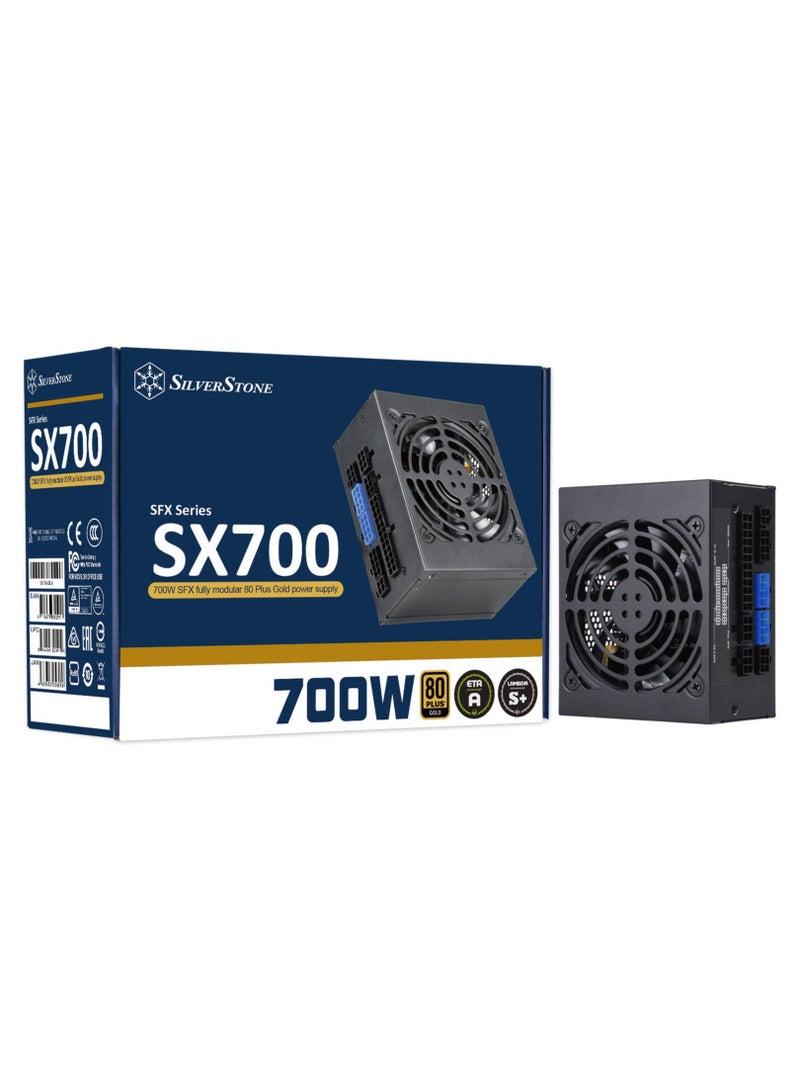 سيلفر ستون مزود طاقة SX700-G، 700 واط، معتمد من 80 Plus Gold، قابل للتعديل بالكامل، مزود بمعامل قدرة نشط، مروحة FDB صامتة 92 مم، مكثفات يابانية 100%، سكة واحدة +12 فولت، عامل شكل SFX مدمج، أسود | SST-SX700-G الإصدار 1.1 - Image 1