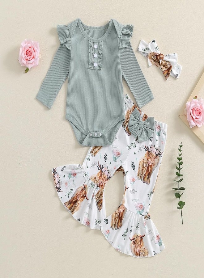 MERSARIPHY Newborn Baby Girl Clothes Ribbed Knit Ruffle Romper Bodysuit Bell-Bottom Pant Set 3Pcs Infant Fall Winter Outfits (Green, 0-3 Months) - Image 2