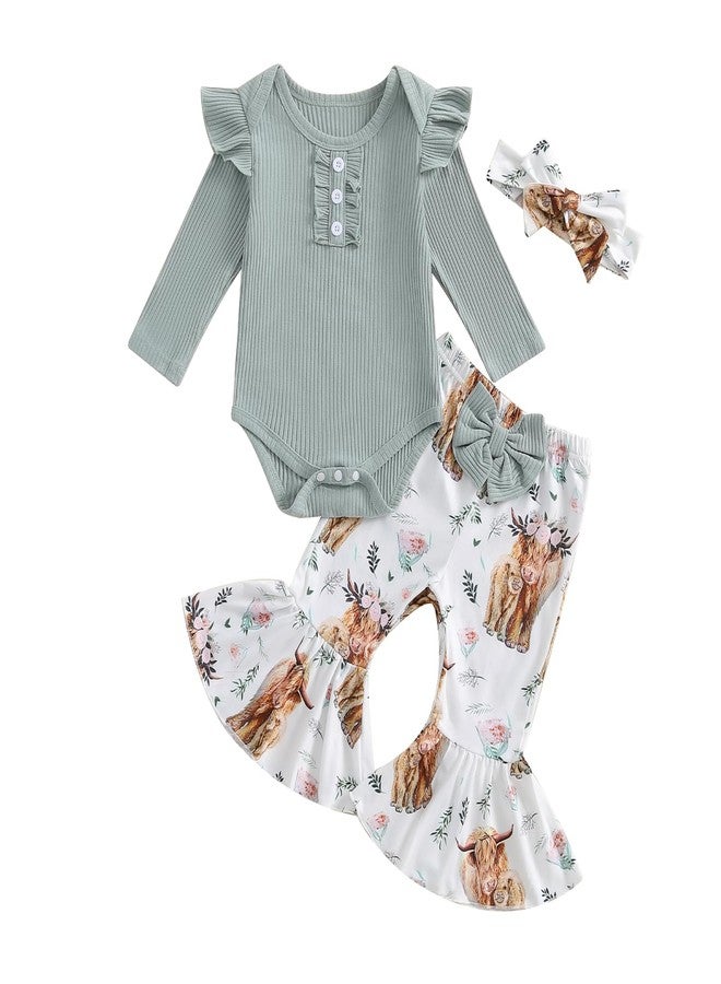 MERSARIPHY Newborn Baby Girl Clothes Ribbed Knit Ruffle Romper Bodysuit Bell-Bottom Pant Set 3Pcs Infant Fall Winter Outfits (Green, 0-3 Months) - Image 1