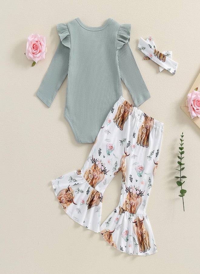 MERSARIPHY Newborn Baby Girl Clothes Ribbed Knit Ruffle Romper Bodysuit Bell-Bottom Pant Set 3Pcs Infant Fall Winter Outfits (Green, 0-3 Months) - Image 4