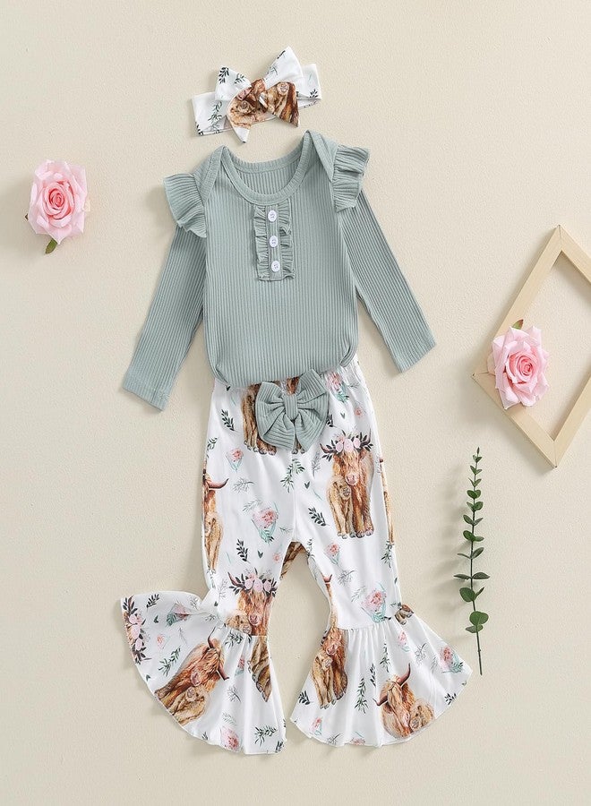 MERSARIPHY Newborn Baby Girl Clothes Ribbed Knit Ruffle Romper Bodysuit Bell-Bottom Pant Set 3Pcs Infant Fall Winter Outfits (Green, 0-3 Months) - Image 3