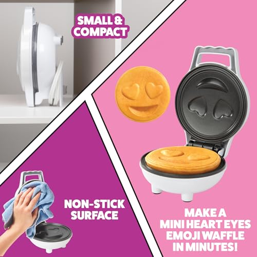 CucinaPro Heart Eyes Emoji Mini Waffle Maker- Special Breakfast w Cute Personal-Sized 4" Smiley Face Pancakes- Electric NonStick Baker Iron with Recipes- Loving Treat Gift for Her Him- Kids Adults Easy Fun Bake - Image 3