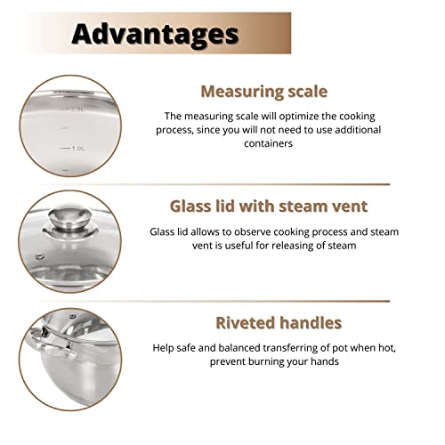 Daniks Classic Stainless Steel Stock Pot with Glass Lid – Induction 6 Quart, Dishwasher Safe, Measuring Scale, For Soup, Pasta, Stew, Silver - Image 4