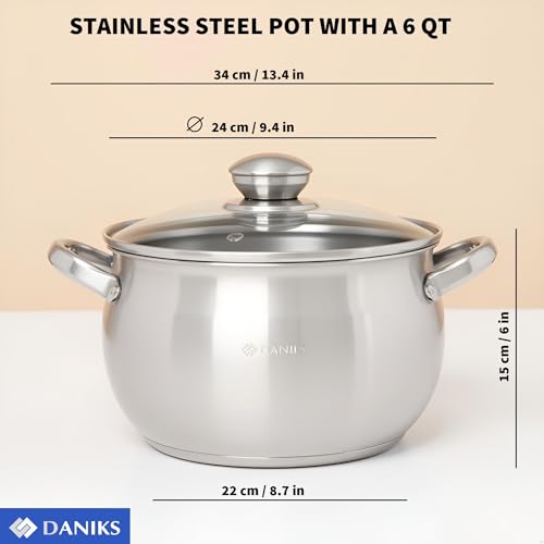 Daniks Classic Stainless Steel Stock Pot with Glass Lid – Induction 6 Quart, Dishwasher Safe, Measuring Scale, For Soup, Pasta, Stew, Silver - Image 3