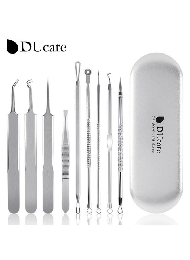 DUcare 9-piece stainless steel medical-grade blackhead and acne removal tool set with a professional metal case for pore cleansing and blemish removal for all skin types. - Image 1