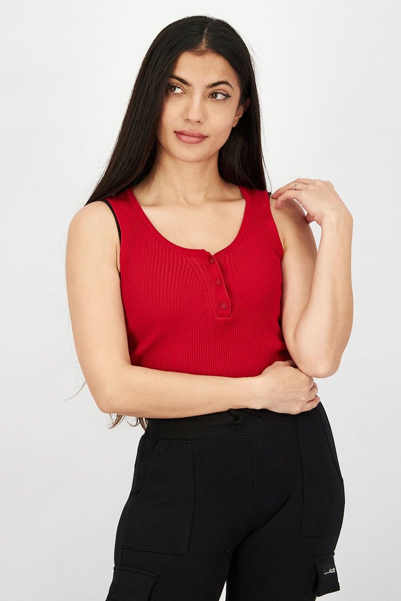 JOHN RICHMOND Women Round Neck Sleeveless Ribbed Top, Red - Image 1