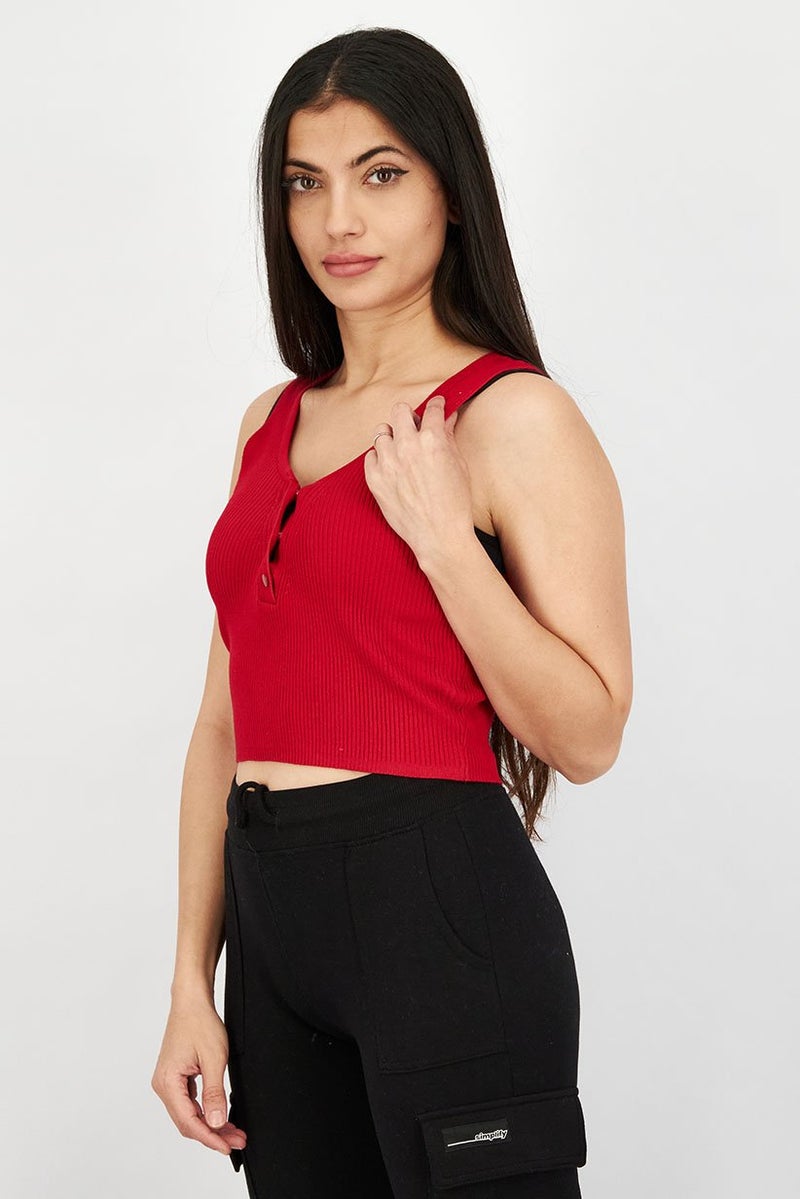 JOHN RICHMOND Women Round Neck Sleeveless Ribbed Top, Red - Image 3