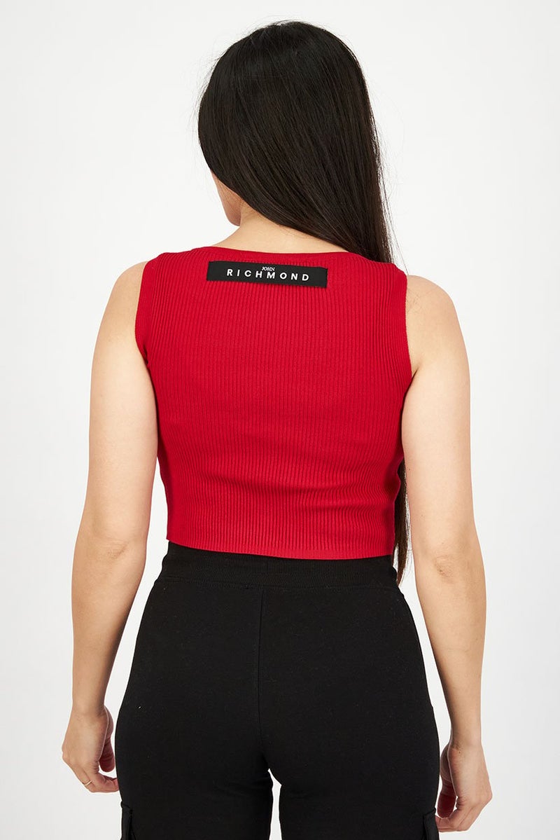 JOHN RICHMOND Women Round Neck Sleeveless Ribbed Top, Red - Image 2