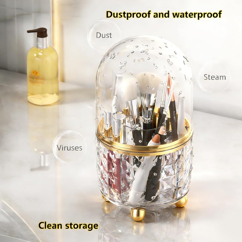 GOTOBA 360° Rotating Pencil Holder for Desk, Makeup Brush Holder with 6 Slots, Desk Organizer for Writing Utensil, Office and School Supplies (Clear with cover) - Image 2