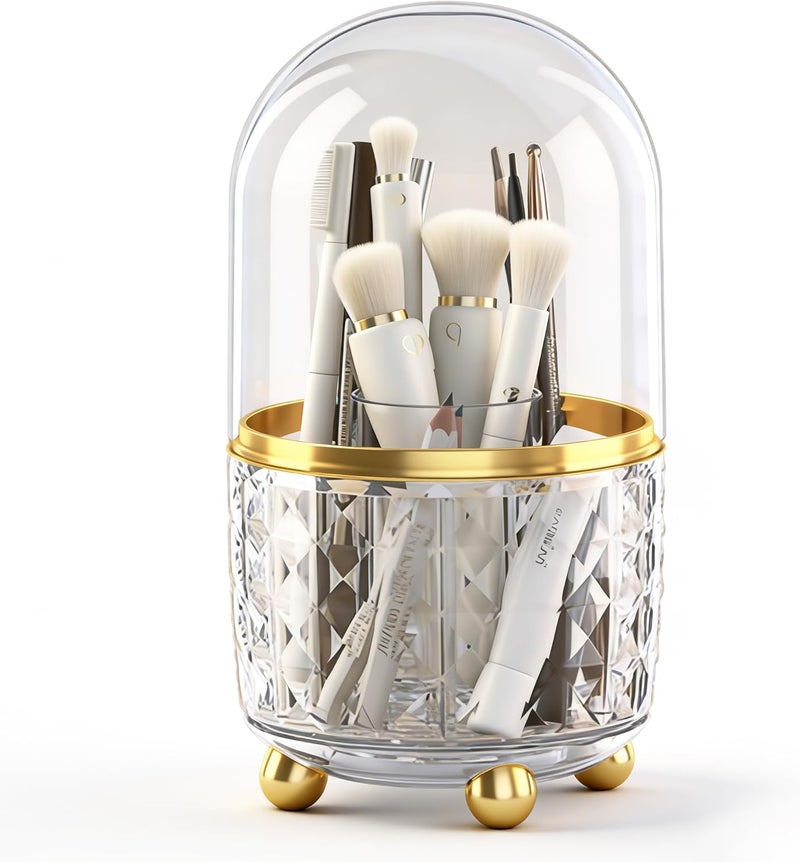 GOTOBA 360° Rotating Pencil Holder for Desk, Makeup Brush Holder with 6 Slots, Desk Organizer for Writing Utensil, Office and School Supplies (Clear with cover) - Image 1