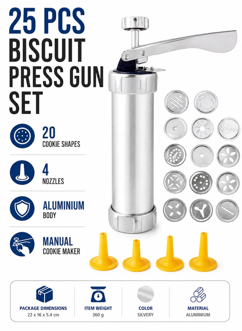 Leoxol Biscuit Press Gun 25 Pcs Set | Aluminium Cookie Maker With 20 Cookie Shapes | 4 Nozzles | Manual Cookie Press For Biscuits Icing Decorating Baking - Image 2