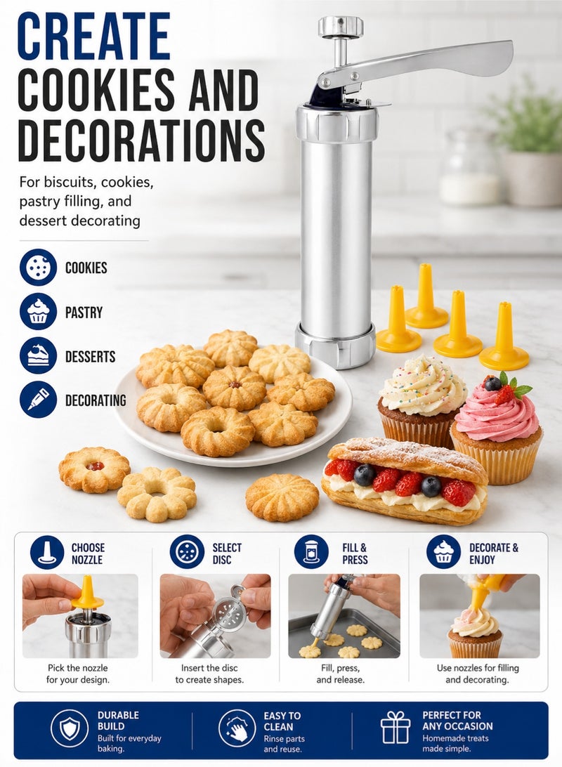 Leoxol Biscuit Press Gun 25 Pcs Set | Aluminium Cookie Maker With 20 Cookie Shapes | 4 Nozzles | Manual Cookie Press For Biscuits Icing Decorating Baking - Image 5