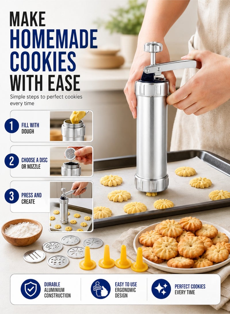 Leoxol Biscuit Press Gun 25 Pcs Set | Aluminium Cookie Maker With 20 Cookie Shapes | 4 Nozzles | Manual Cookie Press For Biscuits Icing Decorating Baking - Image 3