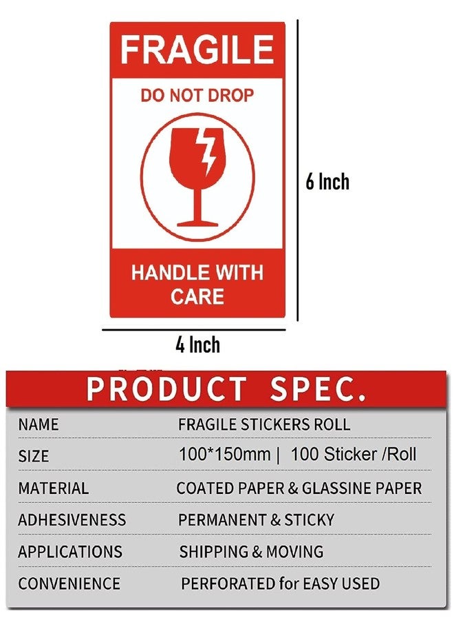 True-Ally ملصقات True-Ally الكبيرة القابلة للكسر - 100 × 150 مم (4 × 6 بوصة) ملصقات حمراء لاصقة قوية تحذيرية للتعامل بحذر مع الشحن وتعبئة البضائع ونقلها (لفة من قطعتين - 200 ملصق) - Image 3