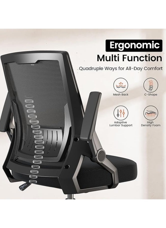 AIWANTO - Ergonomic Office Chair Computer Desk Chair Comfy with Adjustable Lumbar Support Mid-Back Mesh Gaming Chair with Flip-up Armrest Tilt Function Task Chair for Home Bedroom Gaming Black - Image 1