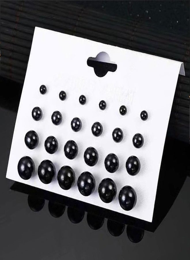 DATOA 12 Pairs Set Pearl Stud Earrings Minimalist Dainty Hypoallergenic Elegant Round Ball Beads Stud Earrings Set for Women（5mm 8mm 10mm 12mm） - Black - Image 4