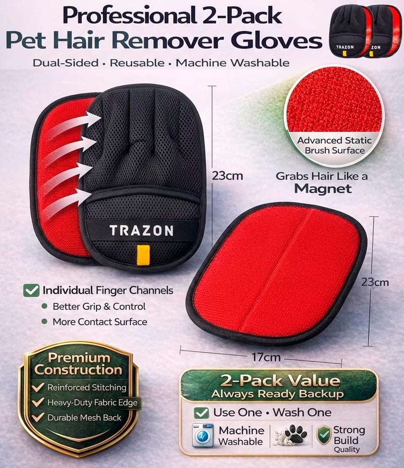 Trazon Pet Hair Removal Gloves 2 Pack â€“ Electrostatic Pet Hair Removal Mitt for Cats & Dogs â€“ Magic Brush Pet Hair Remover & Reusable Lint Brush Alternative for Couch, Furniture, Clothes & Car Seats - Image 2