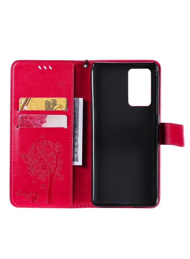 اس-توب جراب لهاتف OPPO Reno6 Pro 5G، جراب جلدي PU قلاب أفقي بطباعة مضغوطة بنقشة شجرة وقط، مع حامل وفتحات للبطاقات ومحفظة وحبل تعليق - Image 4