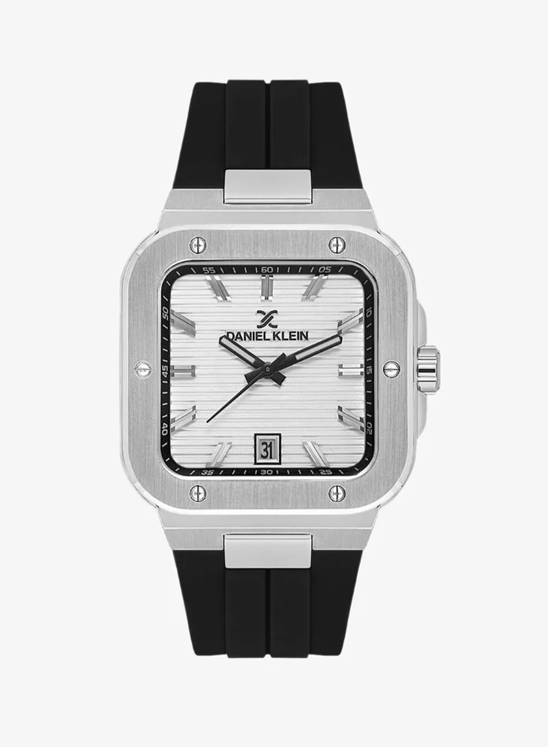DANIEL KLEIN Men's Silicone Band Silver Brass Case Analog Silver Square Emboss Dial Japanese Quartz Premium 50 Meters Water Resistant
