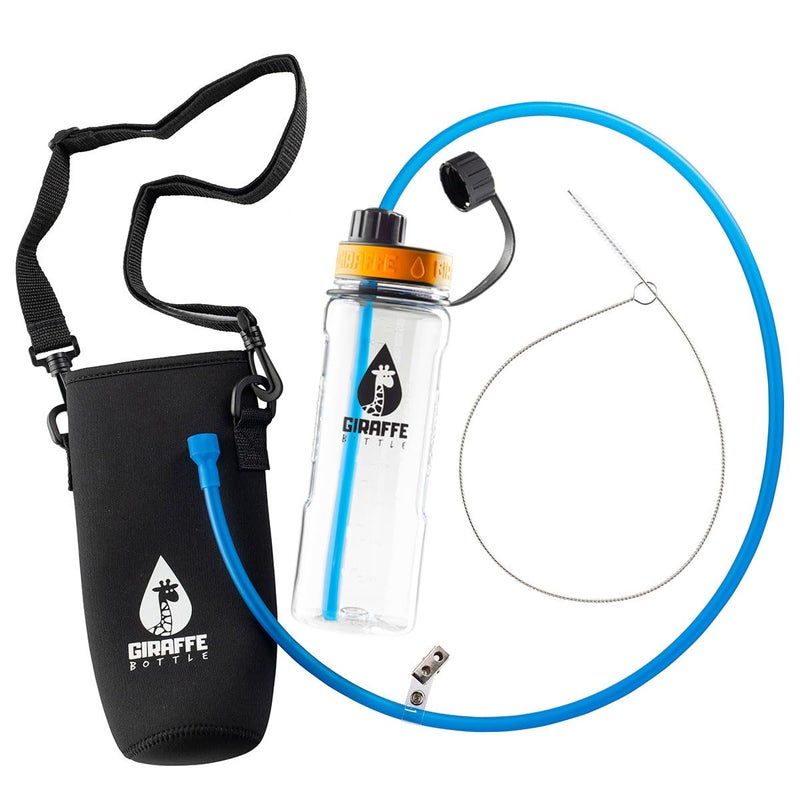 Giraffe Bottle Journey Hydration System Clear Tritan Bottle 36 inch  92 cm Journey Straw with Neoprene Bottle Carrier