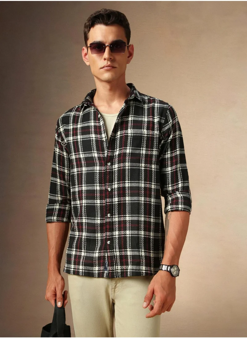 Dennis Lingo Men's Black Cotton Blend Checkered Button Down Shirt