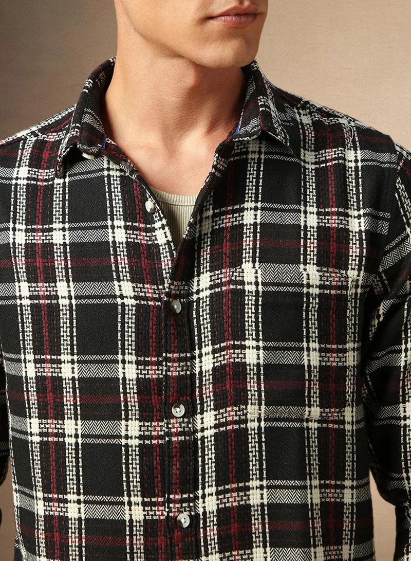 Dennis Lingo Men's Black Cotton Blend Checkered Button Down Shirt