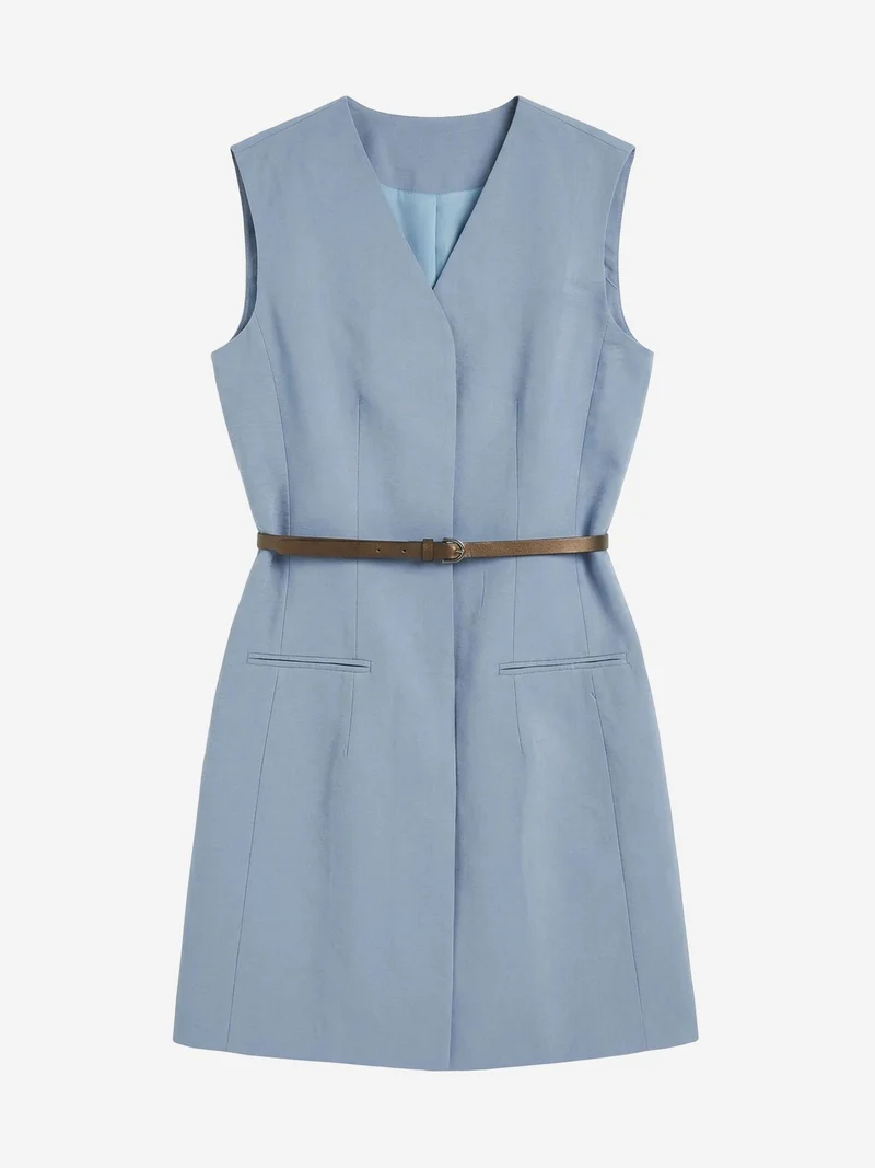 My Fashion Cerulean Blue MY FASHION Belted V-Neck Sleeveless Mini Shift Dress for Women | Best Price UAE
