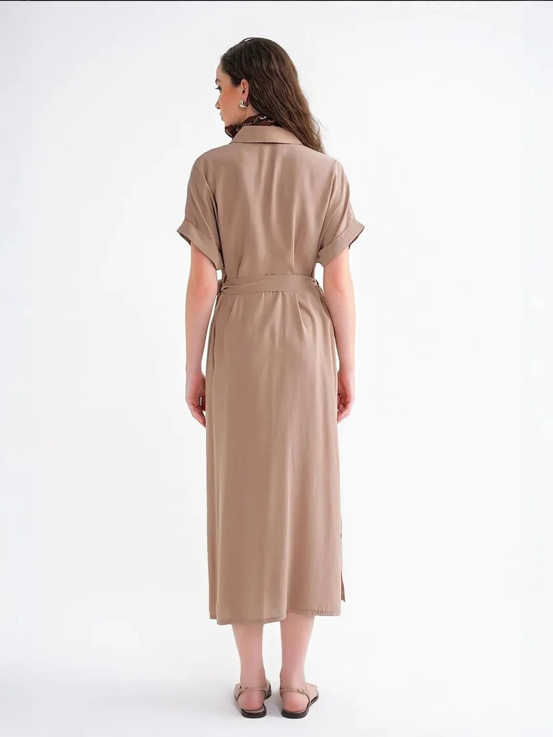 MixRay Camel Brown Mixray Belted Shirt Dress for Women | Best Price UAE