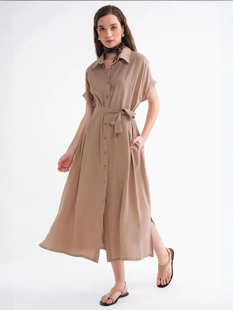 MixRay Camel Brown Mixray Belted Shirt Dress for Women | Best Price UAE