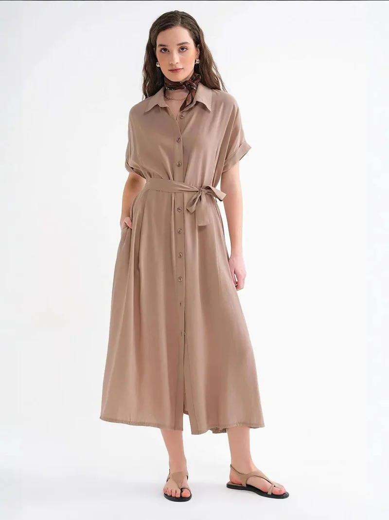 MixRay Camel Brown Mixray Belted Shirt Dress for Women | Best Price UAE
