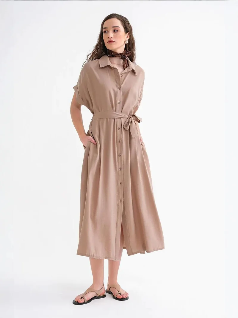 MixRay Camel Brown Mixray Belted Shirt Dress for Women | Best Price UAE