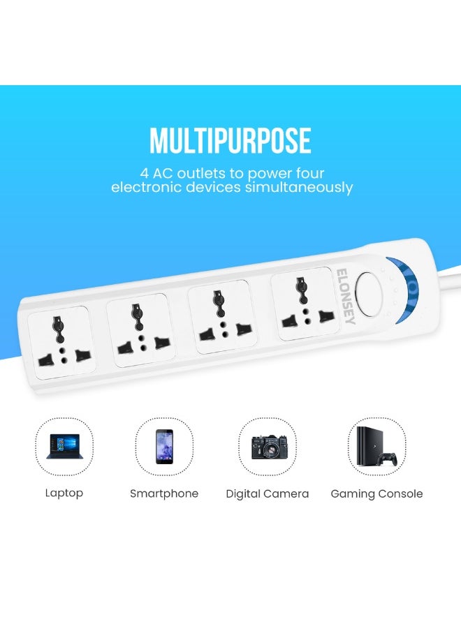 ELONSEY - 10m Universal Power Extension Cord with 4 Power Plugs 4 Power Strip Outlets, 4 Way Power Strip, Extension Lead 10 meters - White (10M 4S) - Image 1