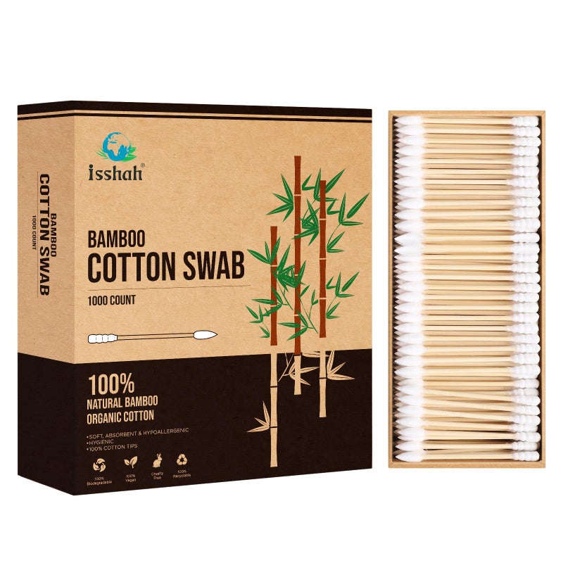 Isshah Bamboo Cotton Swabs  1000 Count  Pointed  Spiral Heads 100 Biodegradable Cotton Buds  Natural  Sustainable Makeup Remover  Organic Cotton Heads  FSC Certified and PETA Approved