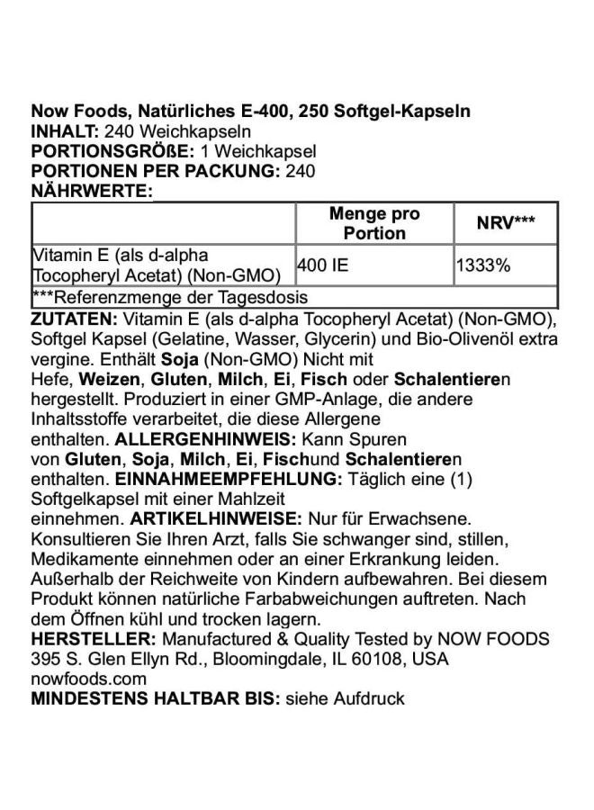 Now Foods Natural E-400 Vitamin Supplement - 250 Softgels 268 mg (400 IU) - Image 3