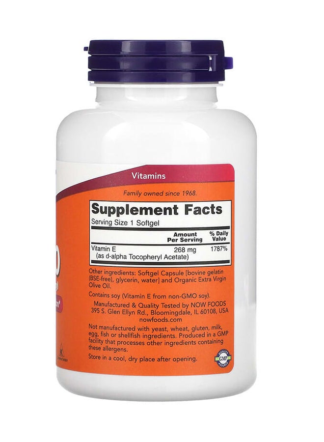 Now Foods Natural E-400 Vitamin Supplement - 250 Softgels 268 mg (400 IU) - Image 2
