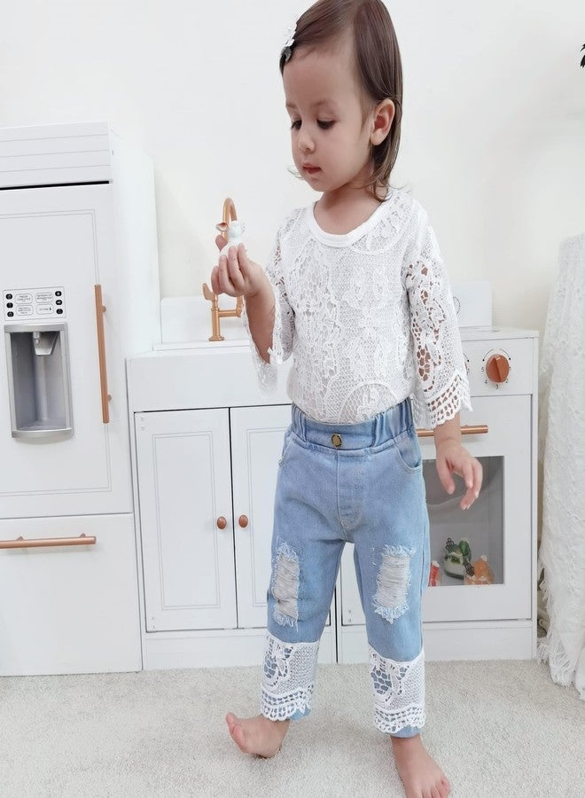 Yvowming Baby Girl Clothes Outfits Toddler Infant Baby Romper Top+Jeans Clothing Set (White, 3-6 Months) - Image 2