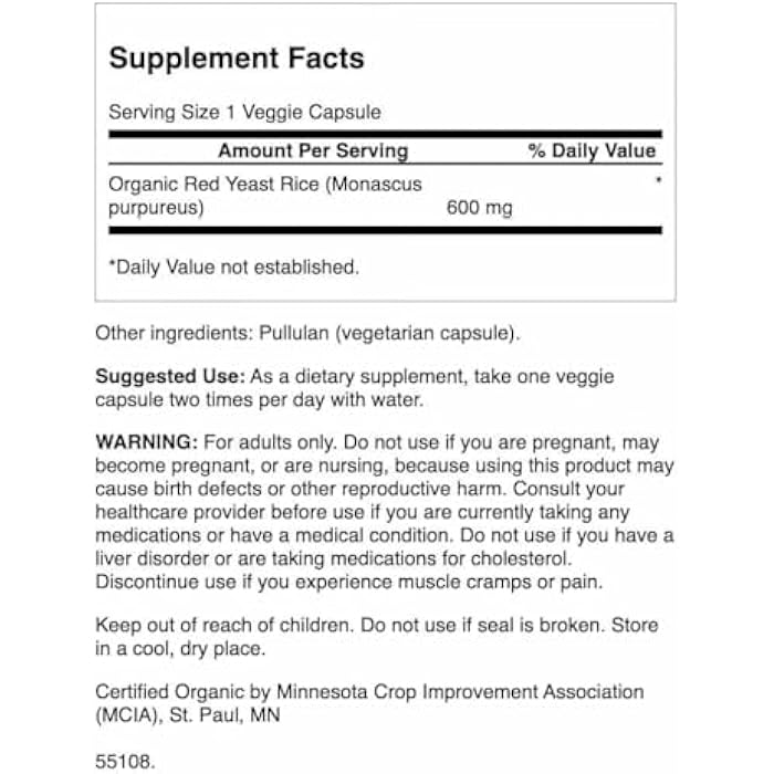 Swanson Made with Organic Traditional Red Yeast Rice 600 Milligrams 60 Veg Capsules (3 Pack) - Image 2