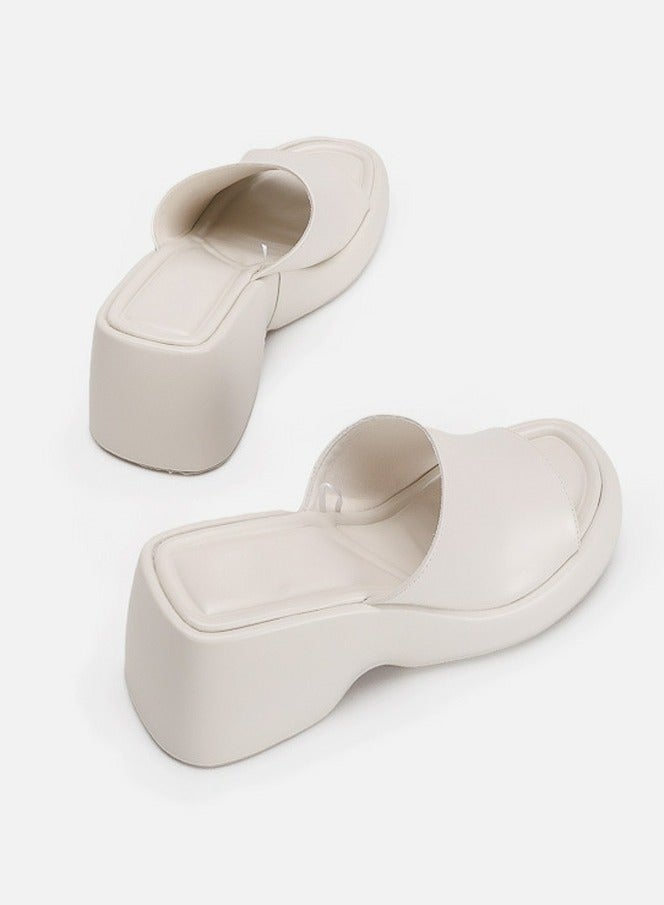 Loquat Women's Slip-On Platform Wedge High Heel Sandals Soft Lightweight Casual Open Toe Fish Mouth Walking Slippers Cream White  - Image 3