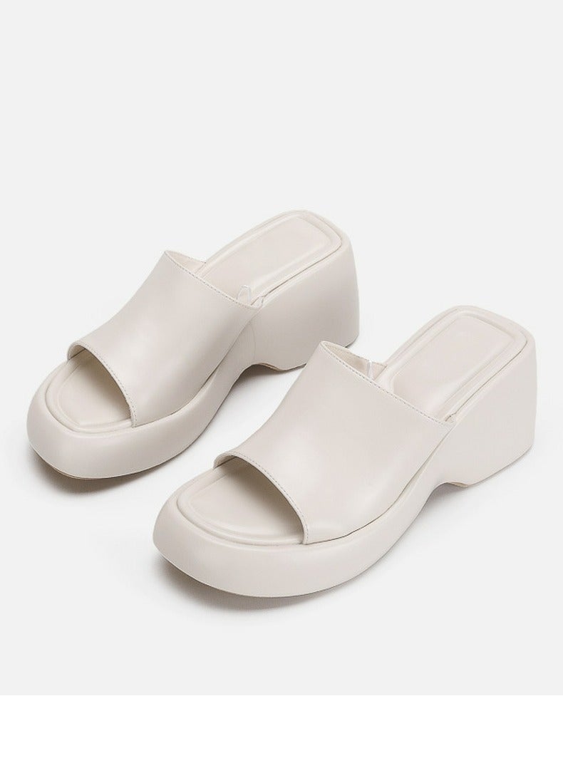 Loquat Women's Slip-On Platform Wedge High Heel Sandals Soft Lightweight Casual Open Toe Fish Mouth Walking Slippers Cream White  - Image 1