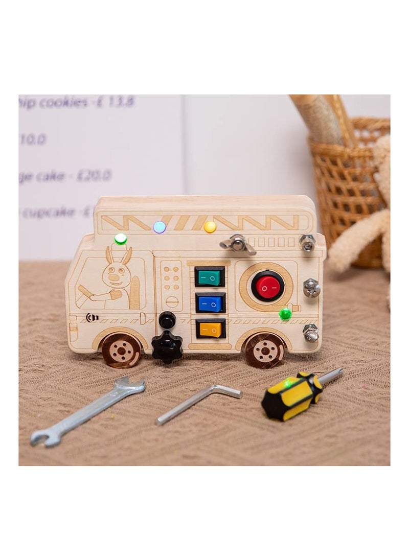 Generic - 3-in-1 Montessori Busy Board with LED Light, Fire Truck Fine Motor Skills Toys, Wooden Car Busy Board, Screwdriver Mini Set, and Push Buttons for Engaging Learning Activities. - Image 1