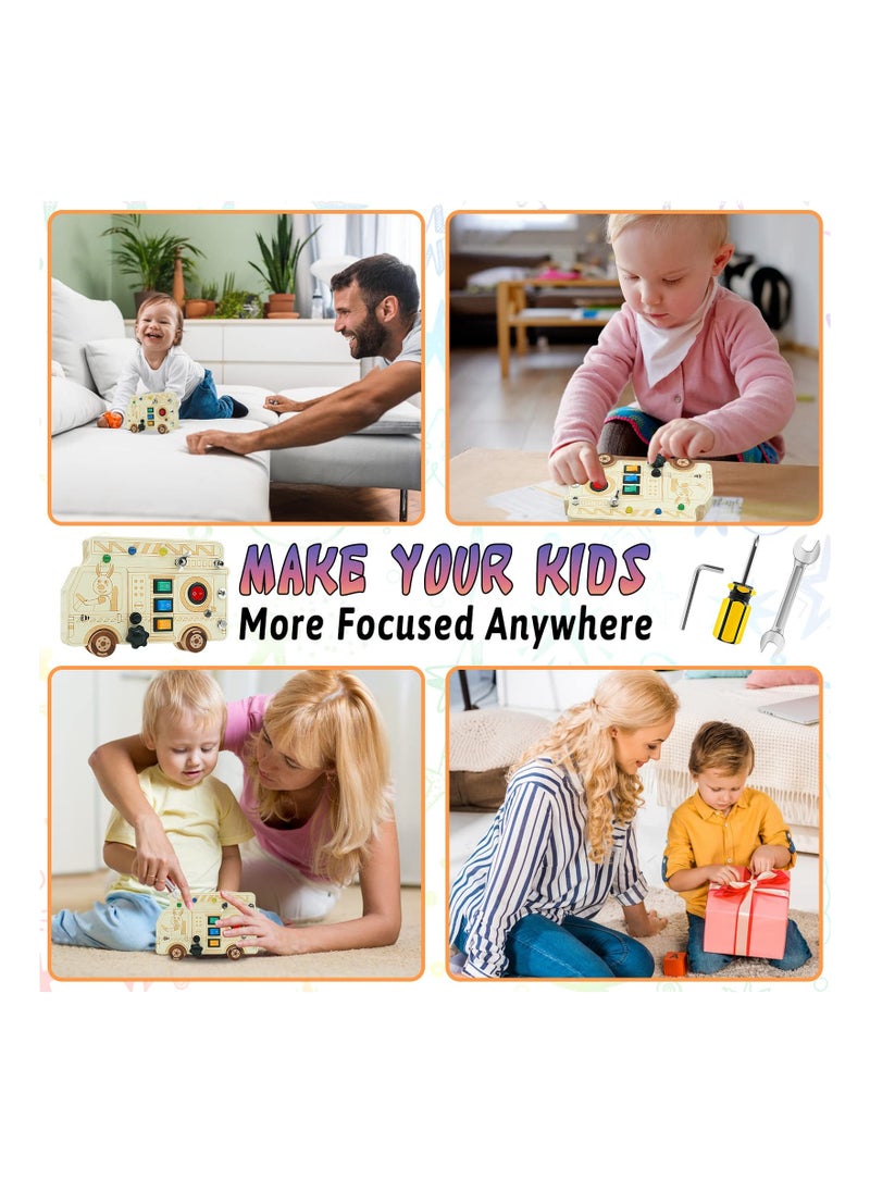 Generic - 3-in-1 Montessori Busy Board with LED Light, Fire Truck Fine Motor Skills Toys, Wooden Car Busy Board, Screwdriver Mini Set, and Push Buttons for Engaging Learning Activities. - Image 1