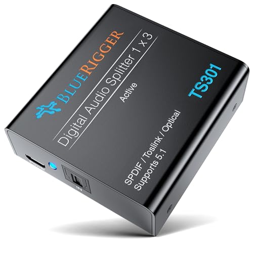 BlueRigger موزع الصوت الرقمي البصري BlueRigger (موزع Toslink نشط 1 في 3 مخرج، SPDIF، محول الألياف الضوئية) - متوافق مع المسرح المنزلي، Xbox، PS4، DVD، جهاز الاستقبال، التلفاز، LPCM2.0، DTS، دولبي ديجيتال - Image 1
